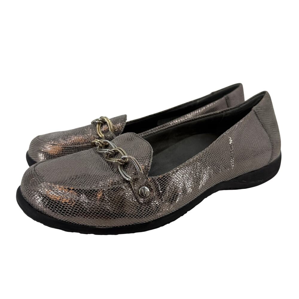 Vionic Alda Womens 10 Metallic Silver Pewter Snakeskin Leather Chain Flats